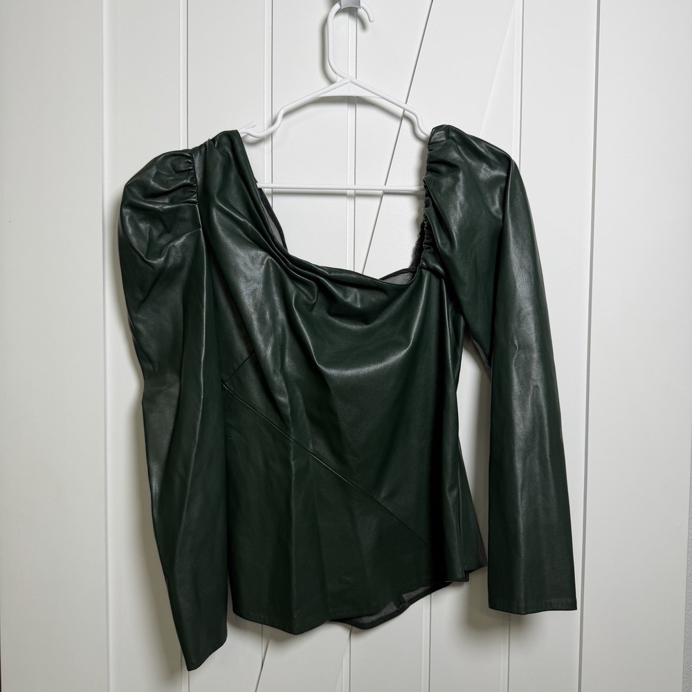 Zara faux leather asymmetric top Size Large Dark Green Puff Sleeve Whimsigoth